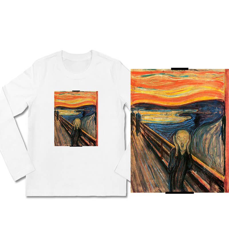จิตรกรรมที่มีชื่อเสียง Edvard Munch กรีดร้องเสื้อแขนยาวเขาและเสื้อยืดของเธอ